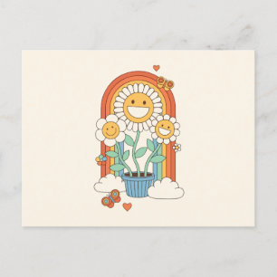 Hippie sun flowers and rainbow holiday postcard