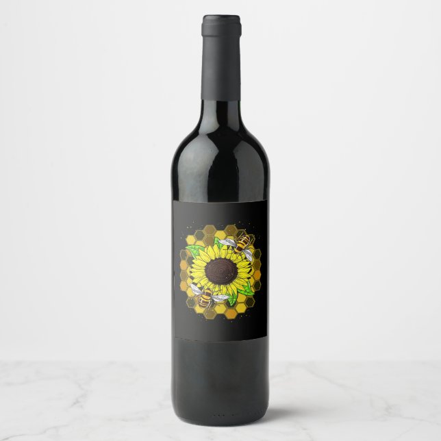 Hippie Sunflower Bees Wine Label (Front)