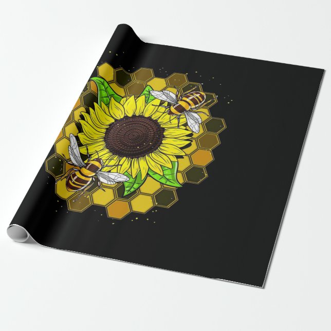 Hippie Sunflower Bees Wrapping Paper (Unrolled)