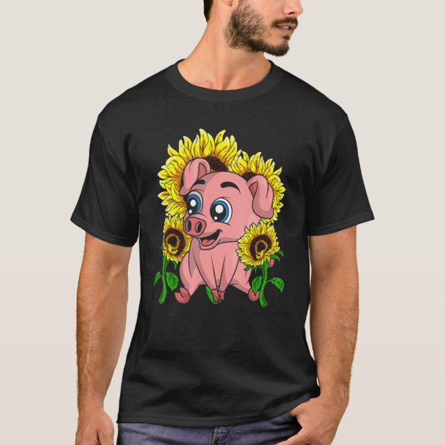 Hippie Sunflower Cute Piglet Farm Animal  Farmer P T-Shirt (Front)