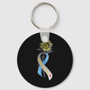 Hippie Sunflower Grey Blue Ribbon Type 1 Diabetes Key Ring