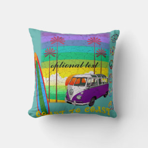 Hippie Surf Board Travel Camper Throw Pillow