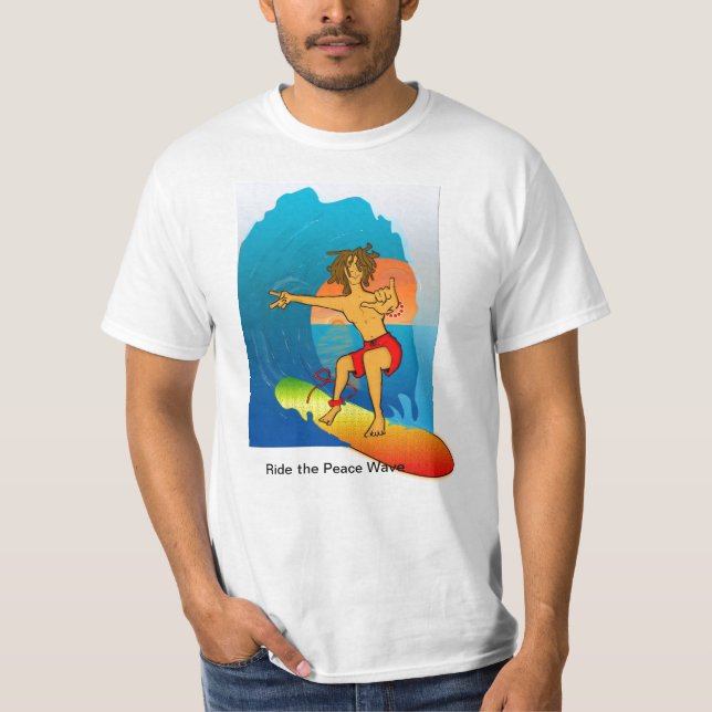 Hippie Surfer, Ride the Peace Wave T-Shirt (Front)