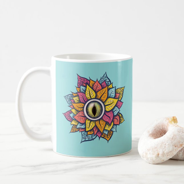 Hippie Trippy Eye Flower Colourful Psychedelic Coffee Mug (With Donut)