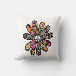 Hippie Trippy Flower Power Peace Sign Floral Cushion