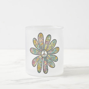 Hippie Trippy Flower Power Peace Sign Seventies Frosted Glass Coffee Mug