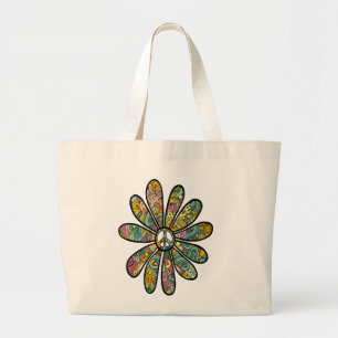 Hippie Trippy Flower Power Peace Sign Seventies Large Tote Bag
