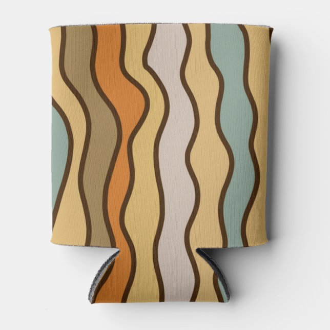 Hippie Trippy Groovy Vertical Stripe 70s Pattern Can Cooler (Front)