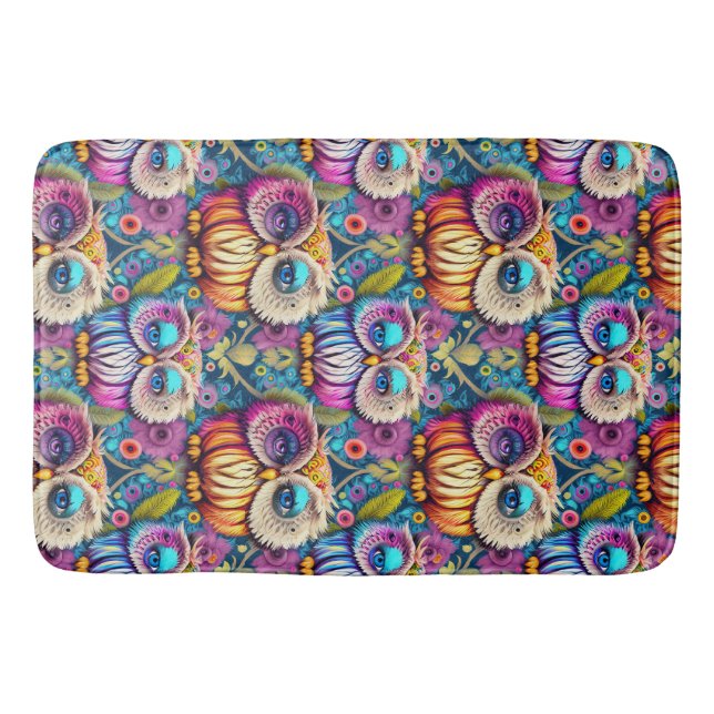 Hippie Trippy Psychedelic Colourful Owl  Bath Mat (Front)