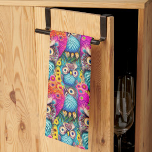 Hippie Trippy Psychedelic Colourful Owl Tea Towel