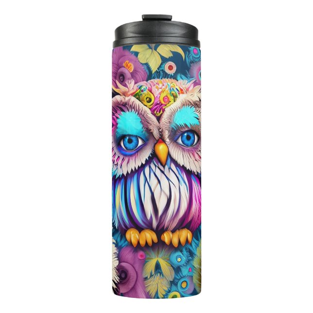 Hippie Trippy Psychedelic Colourful Owl  Thermal Tumbler (Front)