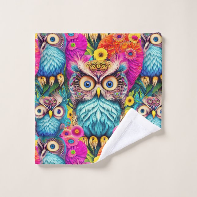 Hippie Trippy Psychedelic Colourful Owl  Wash Cloth (Wash Cloth)