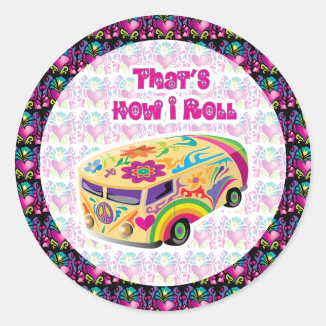 hippie van how i roll with groovy hearts classic round sticker (Front)