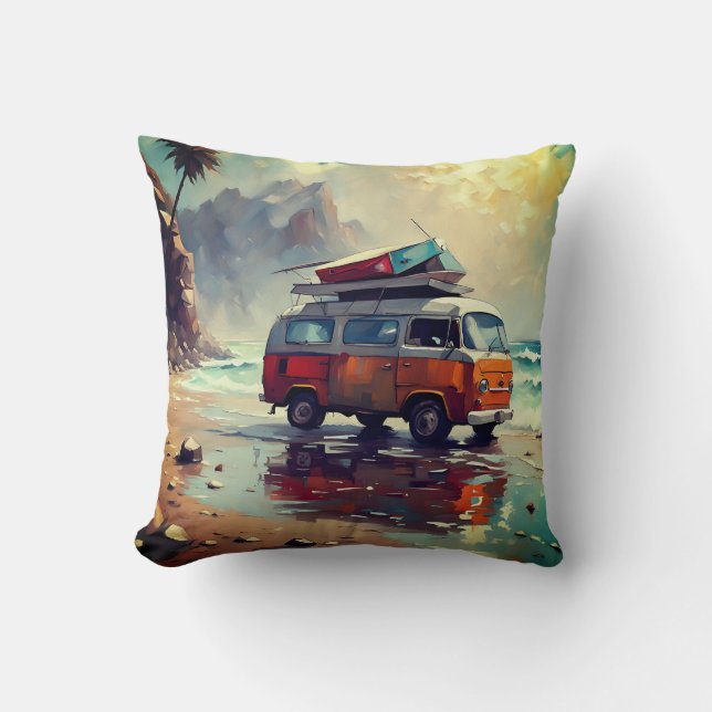 Hippie Van Seascape Traveller Mood Art  Cushion (Front)