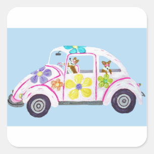 Hippie Welsh Corgis in their Flower Child Love Car Square Sticker