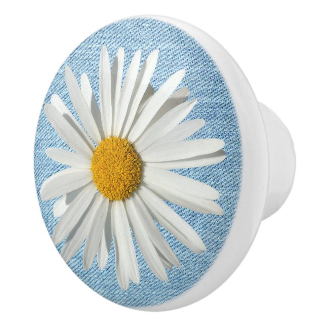 Hippie White Daisy Flower Blossom Pale Blue Denim Ceramic Knob (Right)