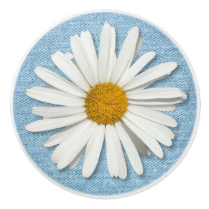 Hippie White Daisy Flower Pale Blue Denim Fashion Ceramic Knob