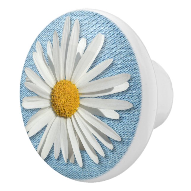 Hippie White Daisy Flower - Trendy Fashion Denim Ceramic Knob (Right)