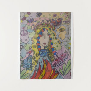 Hippie Woman Rainbow Hair — Peace Love Boho Art Tapestry