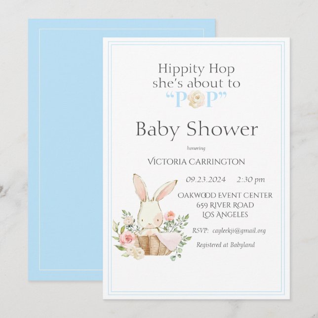 Hippity Hop Bunny Blue Modern Baby Shower Invitation (Front/Back)