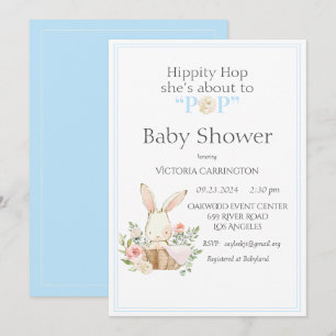 Hippity Hop Bunny Blue Modern Baby Shower Invitation