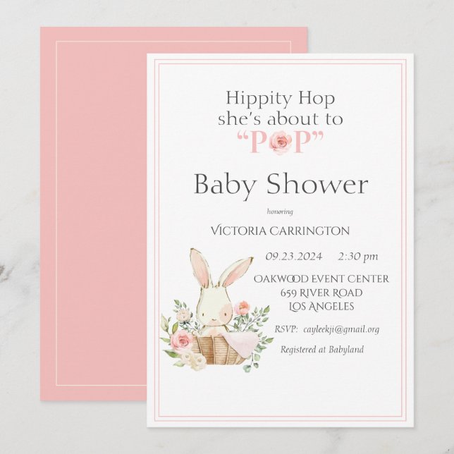 Hippity Hop Bunny Pink Modern Baby Shower Invitation (Front/Back)