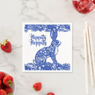 Hippity Hoppity Bunny Rabbit Blue Willow Easter Napkin