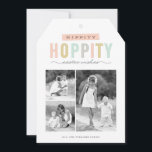 Hippity Hoppity Easter | Photo Collage Easter Holiday Card<br><div class="desc">This multi-photo easter greeting card features 3 photos with a rainbow easter message in pastel pink,  yellow,  mint and taupe and cute zig zag tag on white background.</div>