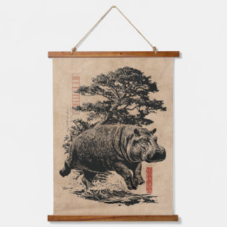 Hippo and Bonsai Tree | Wabi Sabi Japandi Art Hanging Tapestry