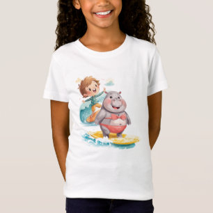 Hippo and surfer are surfing in the sea T-Shirt