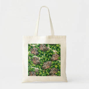 Hippo and Tropical Leaves Pattern Tote Bag