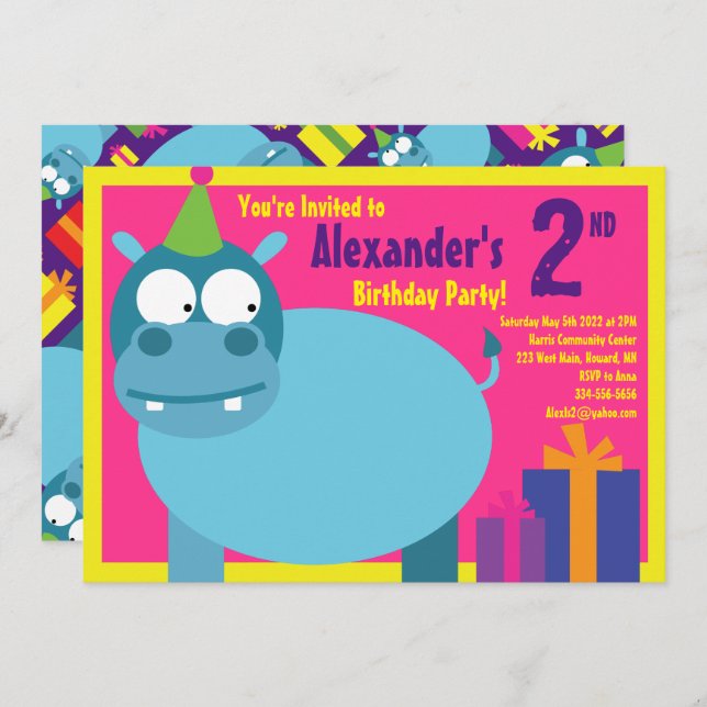 Hippo Animal Kid's Birthday Party Invitations (Front/Back)