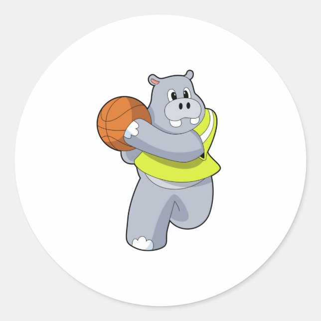 Hippo as Basketball player with Basketball.PNG Classic Round Sticker (Front)