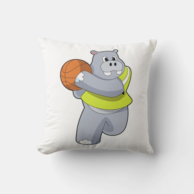 Hippo as Basketball player with Basketball.PNG Cushion (Front)