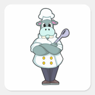 Hippo as Cook with Wooden spoon & Cooking apron Square Sticker