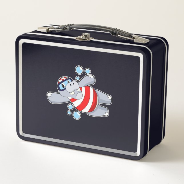 Hippo as Diver with Swimming goggles Metal Lunch Box (Front)