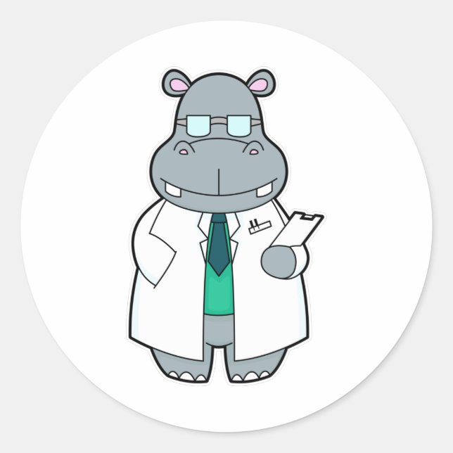 Hippo as Doctor with Smock Classic Round Sticker (Front)