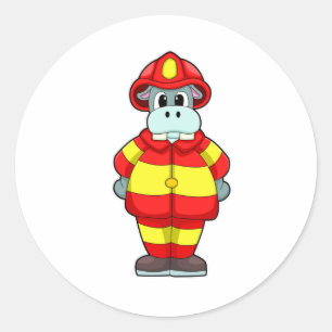 Hippo as Firefighter at Fire department with Hat Classic Round Sticker