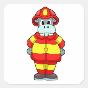 Hippo as Firefighter at Fire department with Hat Square Sticker