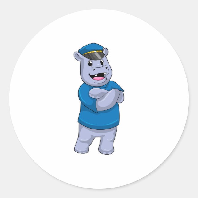 Hippo as Police officer with Police hat Classic Round Sticker (Front)