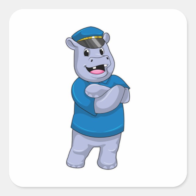 Hippo as Police officer with Police hat Square Sticker (Front)