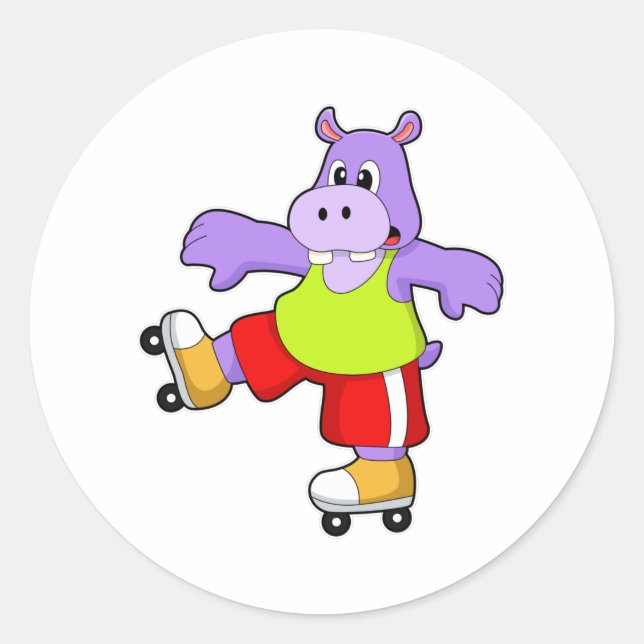 Hippo as Skater with Inline skates Classic Round Sticker (Front)
