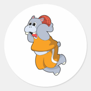 Hippo at Basketball Sports Classic Round Sticker