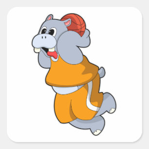 Hippo at Basketball Sports Square Sticker