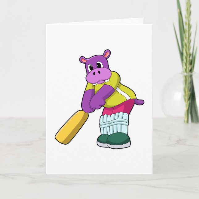 Hippo at Cricket with Cricket bat Card (Front)