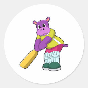 Hippo at Cricket with Cricket bat Classic Round Sticker