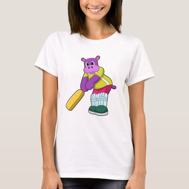 Hippo at Cricket with Cricket bat T-Shirt (Front)