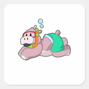 Hippo at Diving with Snorkel Square Sticker