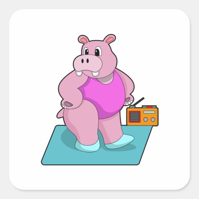 Hippo at Fitness with Radio.PNG Square Sticker (Front)