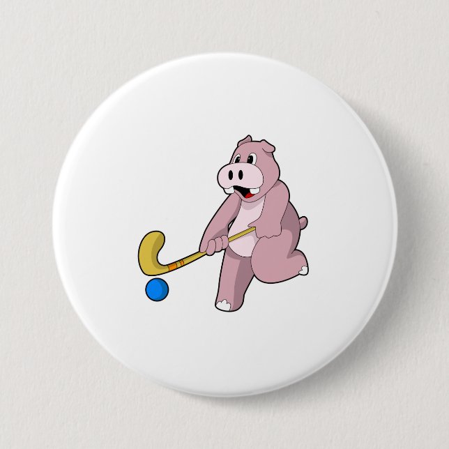 Hippo at Hockey with Hockey bat 7.5 Cm Round Badge (Front)